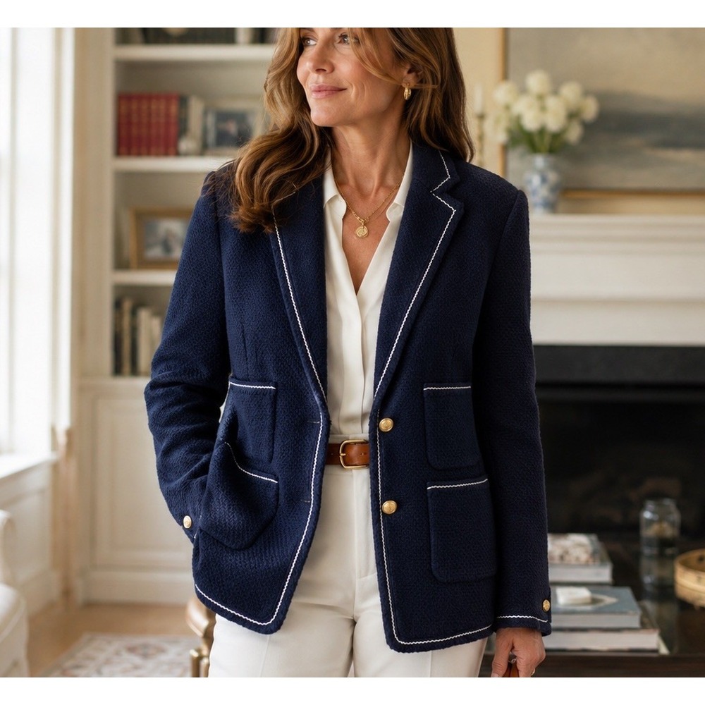 Talbots Tweed Jacket Suit Blazer Sz 12 Texture Boucle Crest Buttons Nautical
